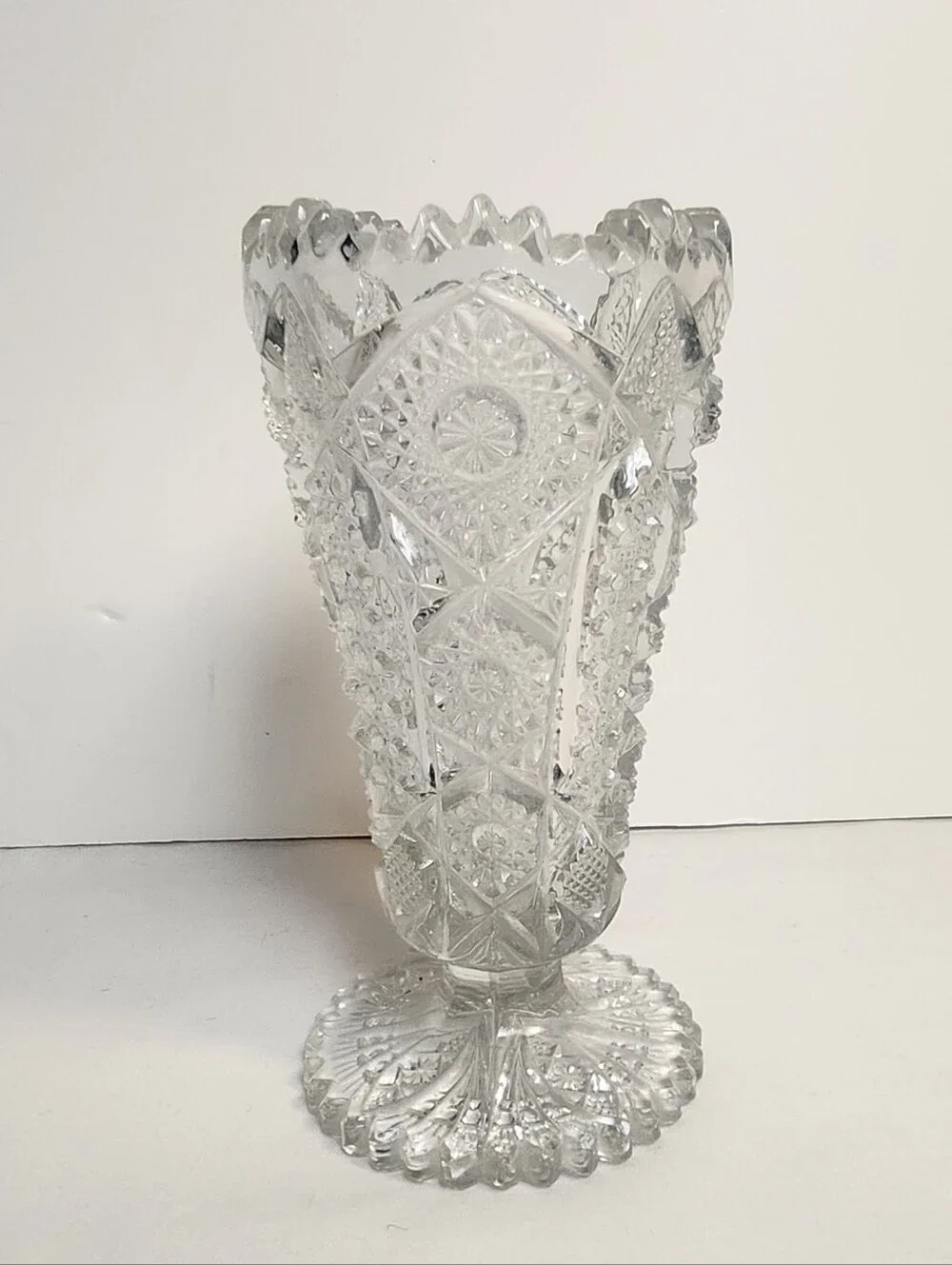 Brunswick Brilliant Cut Glass Vase Hobstar Sawtooth Rim  6 1/2” Tall
